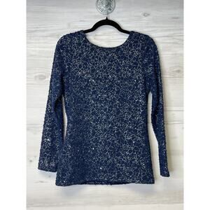 Jennifer Lopez Top Size M Blue‎ Knit Metallic Sequin Long Sleeve Womens